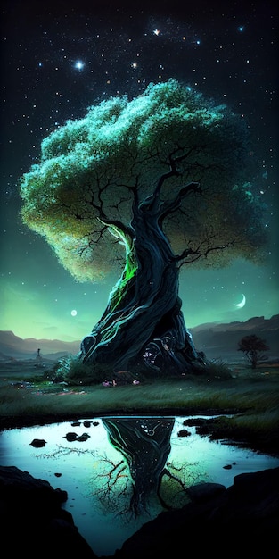 Big tree glowing colorful from night sky and star background Created with Generative AI technology