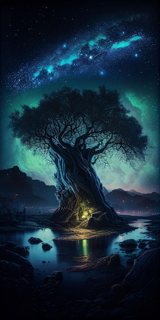 Big tree glowing colorful from night sky and star background Created with Generative AI technology