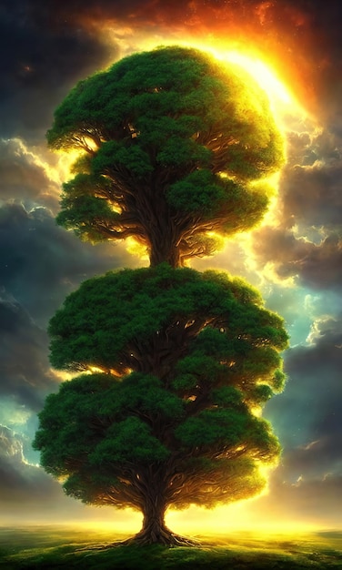 Big tree of life the center of the world Connection of the earthly and heavenly worlds Energy tree of the universe 3d illustration