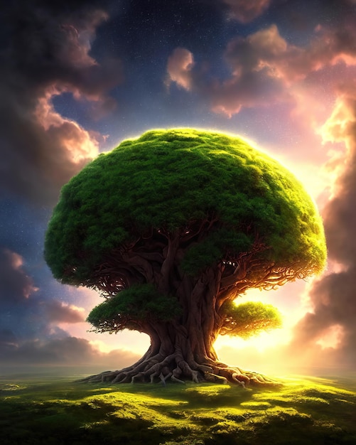 Big tree of life the center of the world Connection of the earthly and heavenly worlds Energy tree of the universe 3d illustration