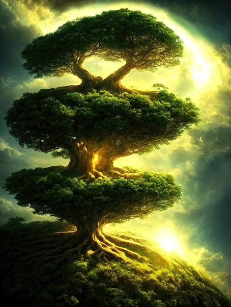 Big tree of life the center of the world Connection of the earthly and heavenly worlds Energy tree of the universe 3d illustration