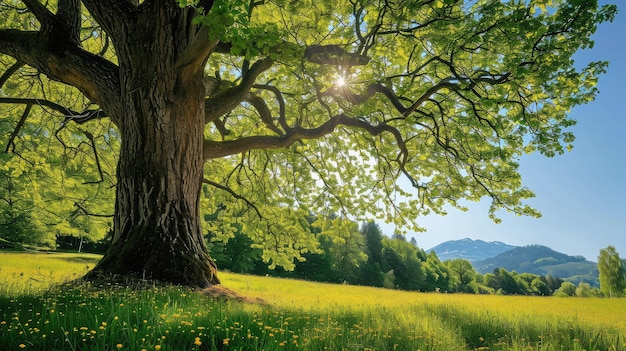 Big tree with fresh green leaves and green spring meadow