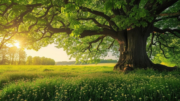 Big tree with fresh green leaves and green spring meadow