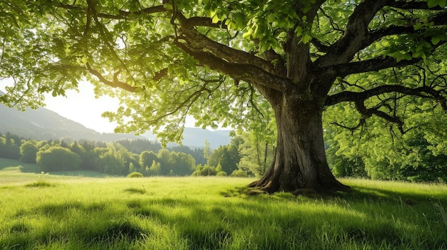 Big tree with fresh green leaves and green spring meadow