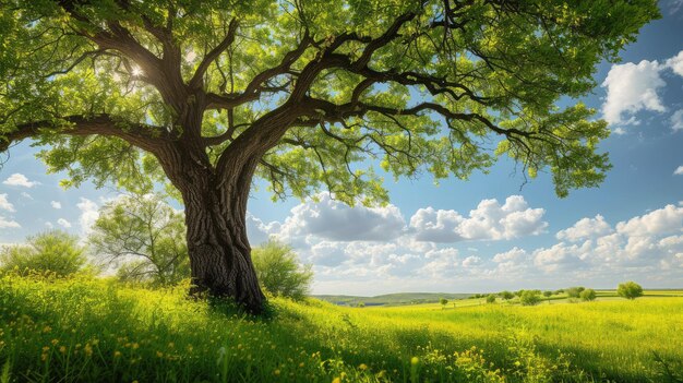 Big tree with fresh green leaves and green spring meadow