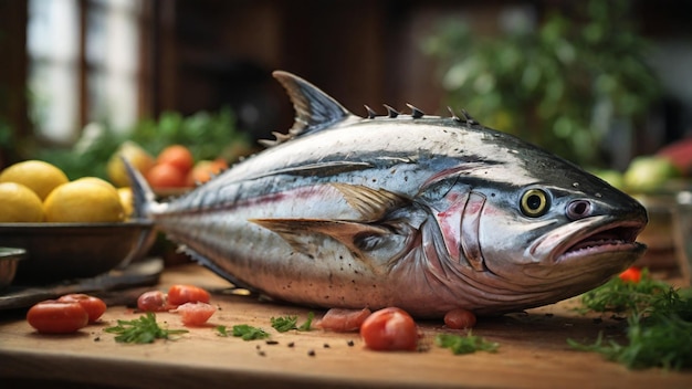 Big tuna fish on Kitchen table background cinematic shoot