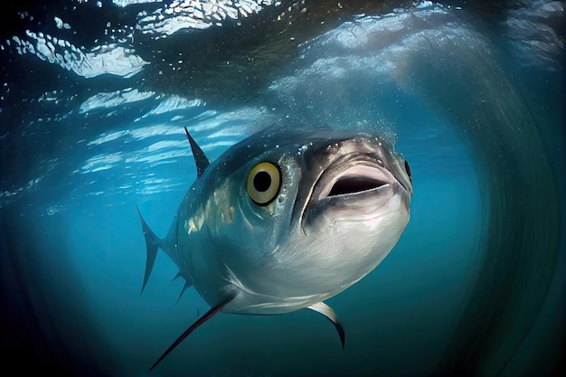 Big tuna with big eyes floating in cool sea water