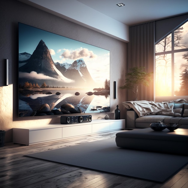 A big TV screen is mounted on the wall in a modern living room creating a luxurious interior AI