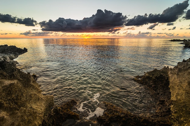 Big volcanic rocks in sunset lights in SanAndres island Caribbean