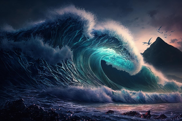 Big wave beach ocean wallpaper image Ai generated art