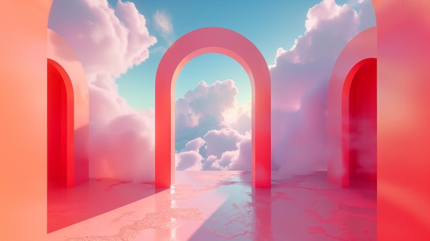 Big white clouds and bright colorful arch in the blue sky