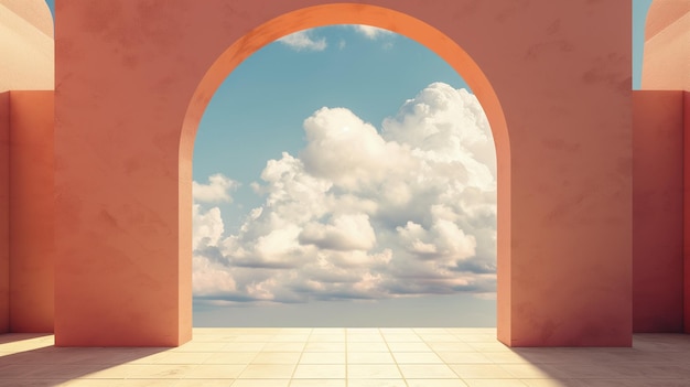 Big white clouds and bright colorful arch in the blue sky