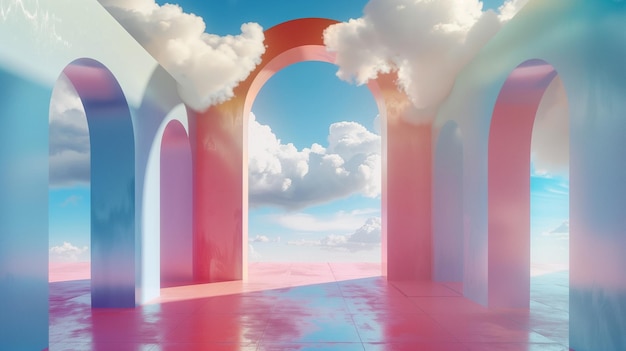 Big white clouds and bright colorful arch in the blue sky