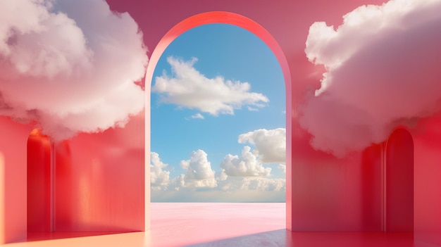 Big white clouds and bright colorful arch in the blue sky