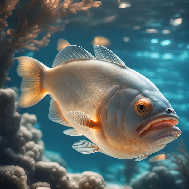 big white fish swimming in the deep water