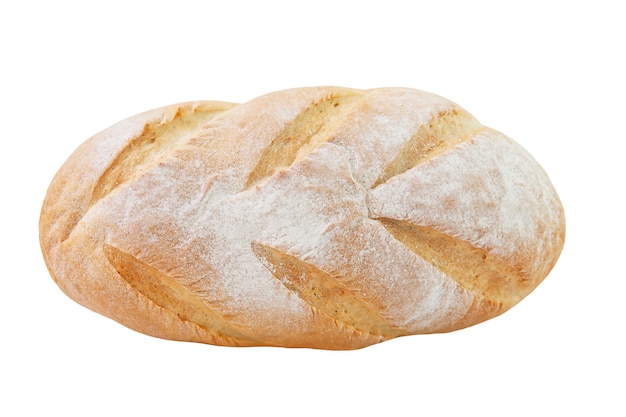 Big white handmade bread. Healthy eating Isolated on a white background. Top view. Space for text.