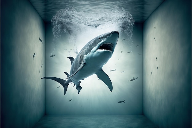 A big white shark in 3D rendered artwork in the sea under the water Generative Ai