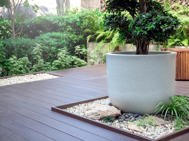 The big white terrazzo plant pot with a green tree on little stone garden space decoration on wood terrace near the green garden