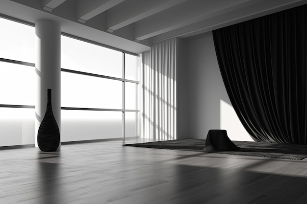 Big window in a new empty room with black drapes and flooring