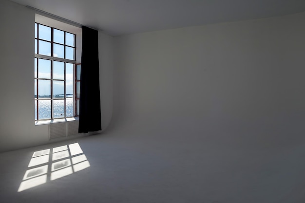 Big window with frame and windows sill on white background indoors Empty room white large window with clean nobody room sunny day