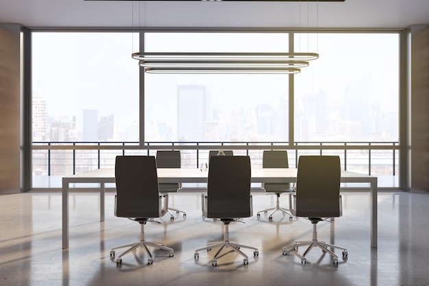 Big wooden conference table surrounded by black chairs on concrete glossy floor stylish chandelier on top and city view from huge window in sunny meeting room 3D rendering