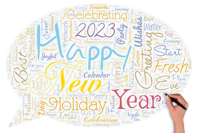 Big word cloud in the shape of speech bubble with words Happy New Year 2023 with hand and pen Greeting Celebrating holiday Fresh start Best wishes