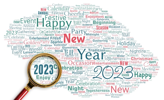 Big word cloud with new year words with magnifying glass new year celebration motivation to start