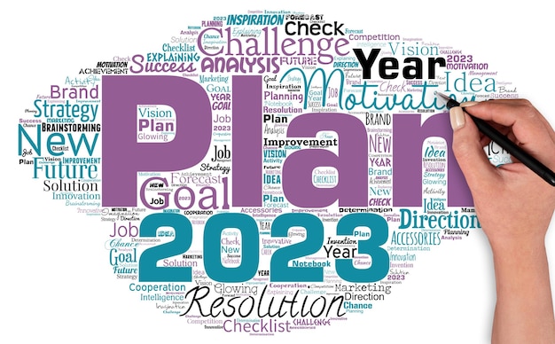 Big word cloud with word plan with hand and pen start of a detailed proposal of doing or