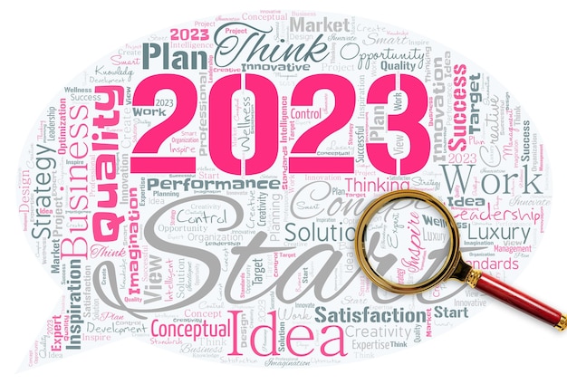 Big word cloud with words 2023 Start with magnifying glass Remembering past year events main actions or good shows Setting up your goals and plans for the current year or in 2028