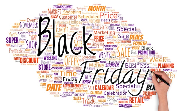 Big word cloud with words black friday with hand and pen the day after the us holiday of