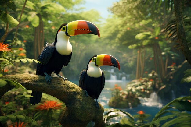 Bigbeaked toucans in trees