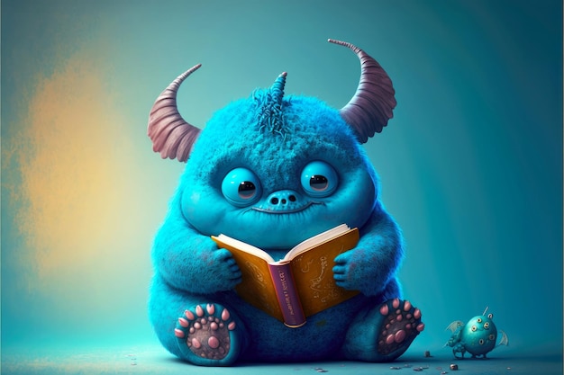 Bigeared chubby cute monster reads books on blue background generative ai