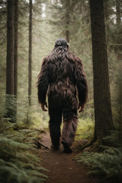 Bigfoot in a black fur coat walks through a forest path