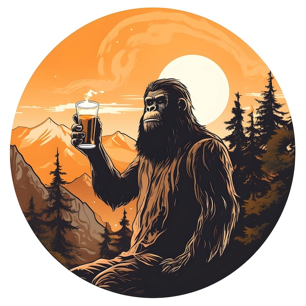 a bigfoot holding a beer in front of a mountain