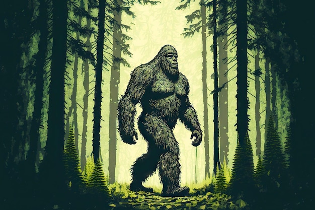 Bigfoot with body covered with thick hair walks through dense forest