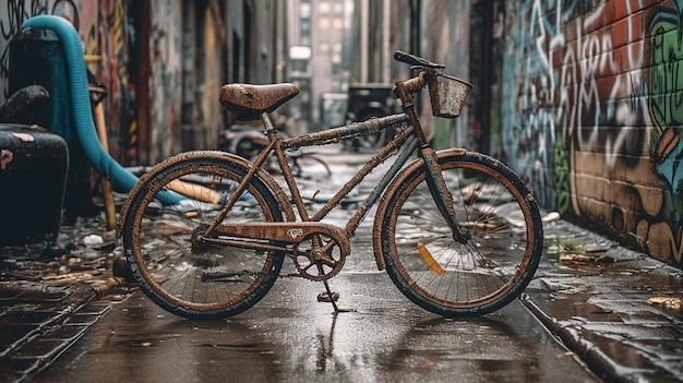 A bike in a dirty alley with a basket on the front.