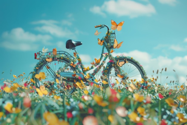 a bike in a field of flowers with butterflies on it