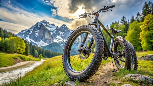 Photo a bike is parked on a dirt path in front of a mountain