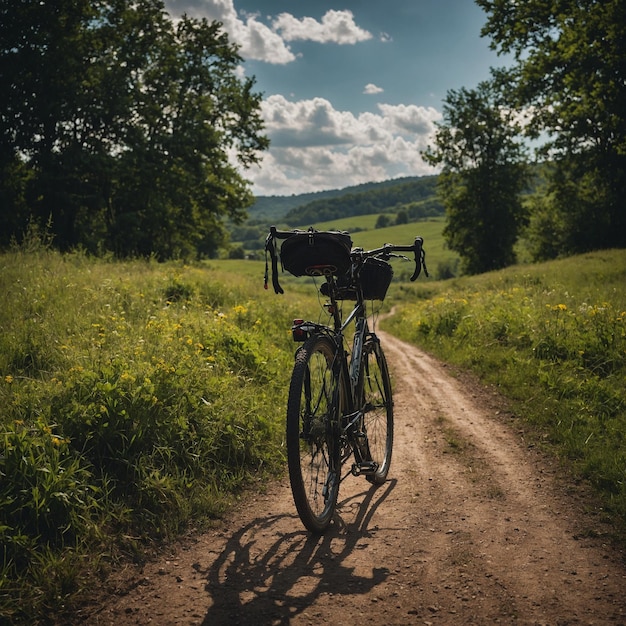 a bike is parked on a dirt road with a sky background