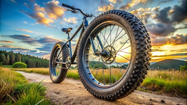 a bike is parked on a dirt road with a sunset in the background