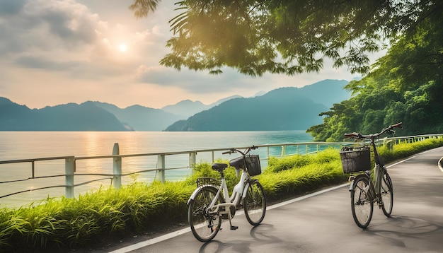 Photo a bike is parked next to a fence and a bike is parked on the side of a road