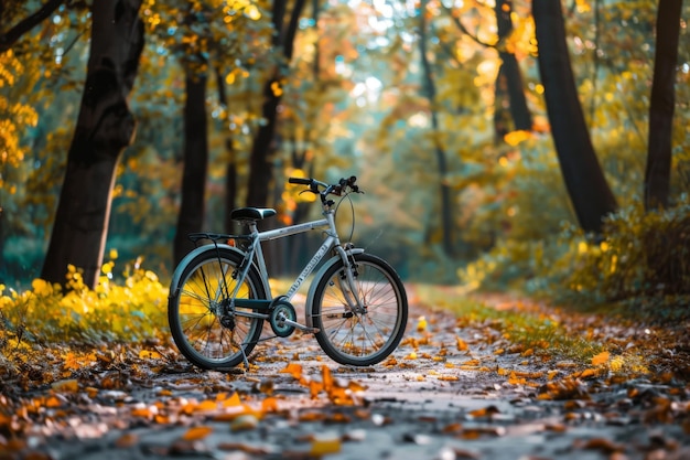 a bike is parked in a forest with the word quot on it