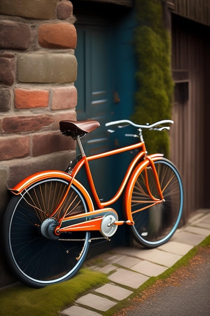 A bike is parked outside of a house with a blue door.