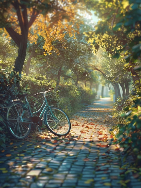 a bike is parked in a park with a bike parked on the side of the road