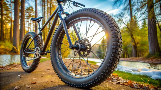 a bike is parked on a path with the sun shining through the trees