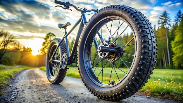 a bike is parked on a road with the sun behind it