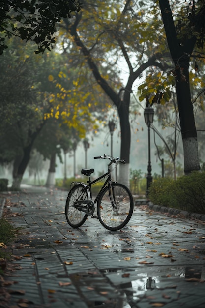 a bike is parked on a wet path in the rain