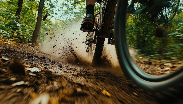 Photo a bike is running through the forest and the bike is in the foreground