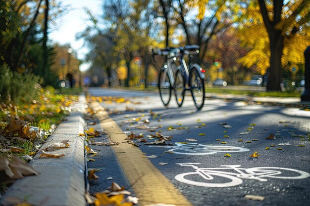 A bike lane with leaves on the ground