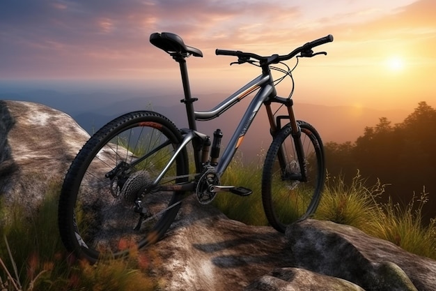 Bike on mountain trail at sunset landscape with sports bicycle generative AI